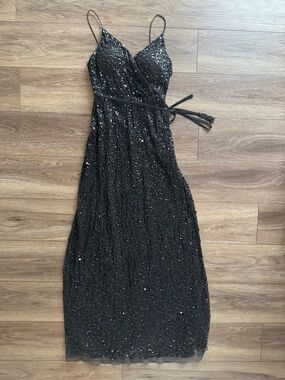 Adrianna Papell Black Sequin Spaghetti-Strap Wrap Dress